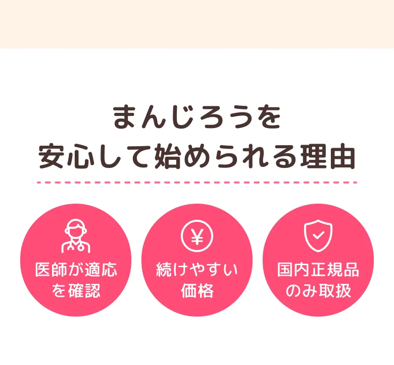 まんじろうを安心して始められる理由 医師が適応を確認・続けやすい価格・国内正規品のみ取扱